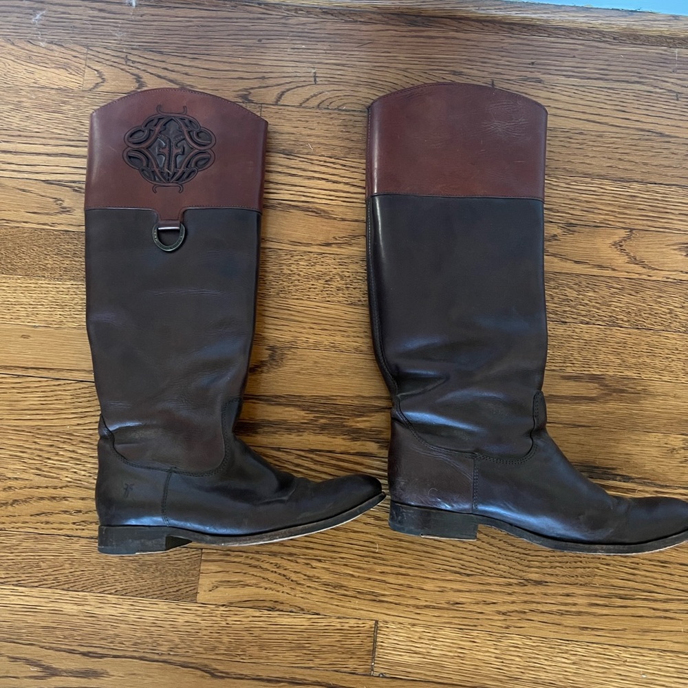 Frye Two Tone Boots with Emblem on calf.